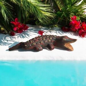 Wood Carved Alligator Crocodile Folk Art Figurine- Red Rustic Stain Gold Studded